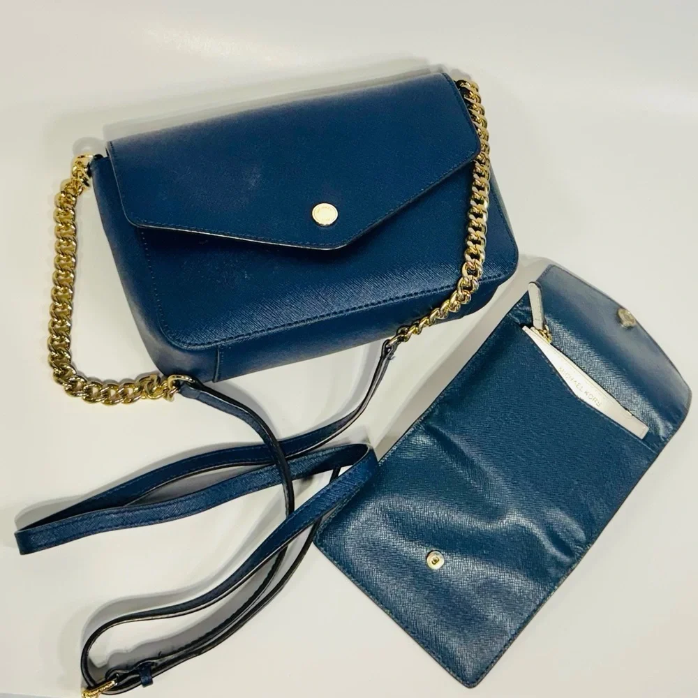Michael Kors Navy Crossbody Purse & Wallet with Gold Hardware